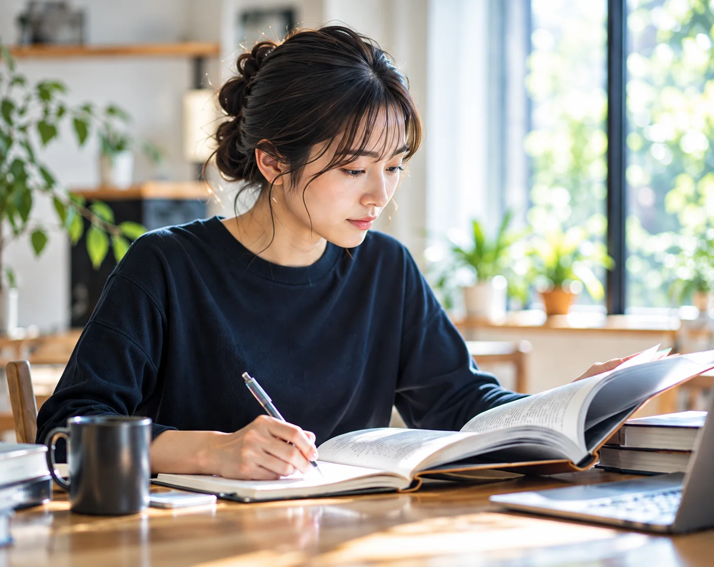 明るい窓辺で本を読み、ノートをとる女性のイメージ